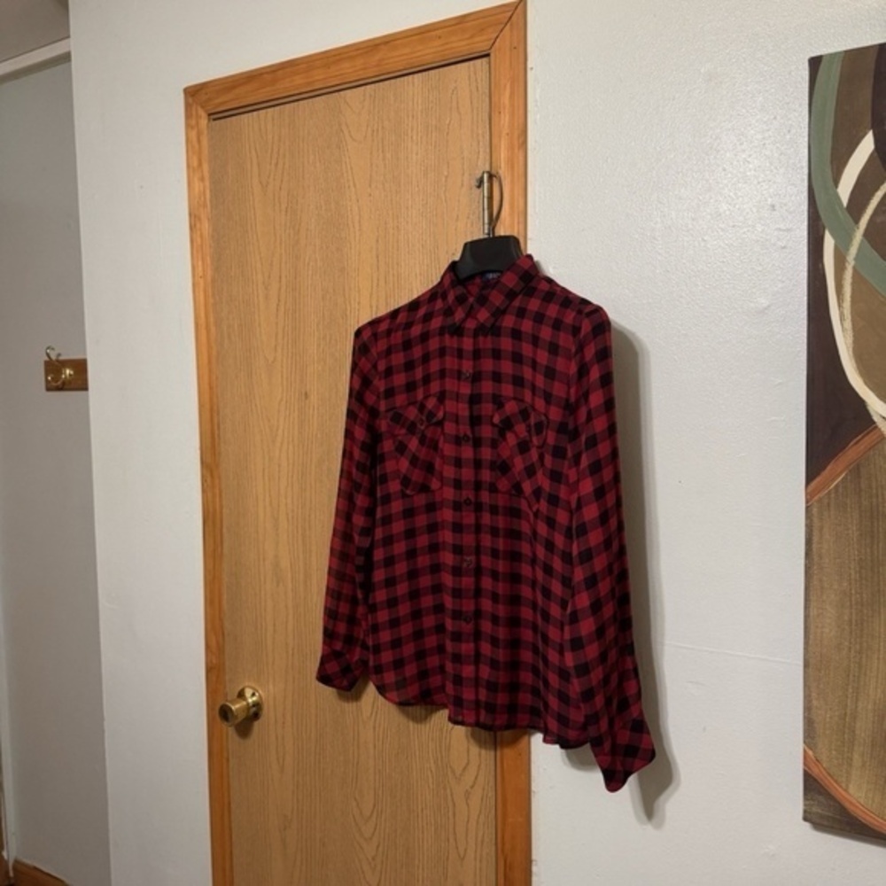Chaps XL Red & White w/Checked Print Long Sleeve Button-Front Sheer Blouse - EUC